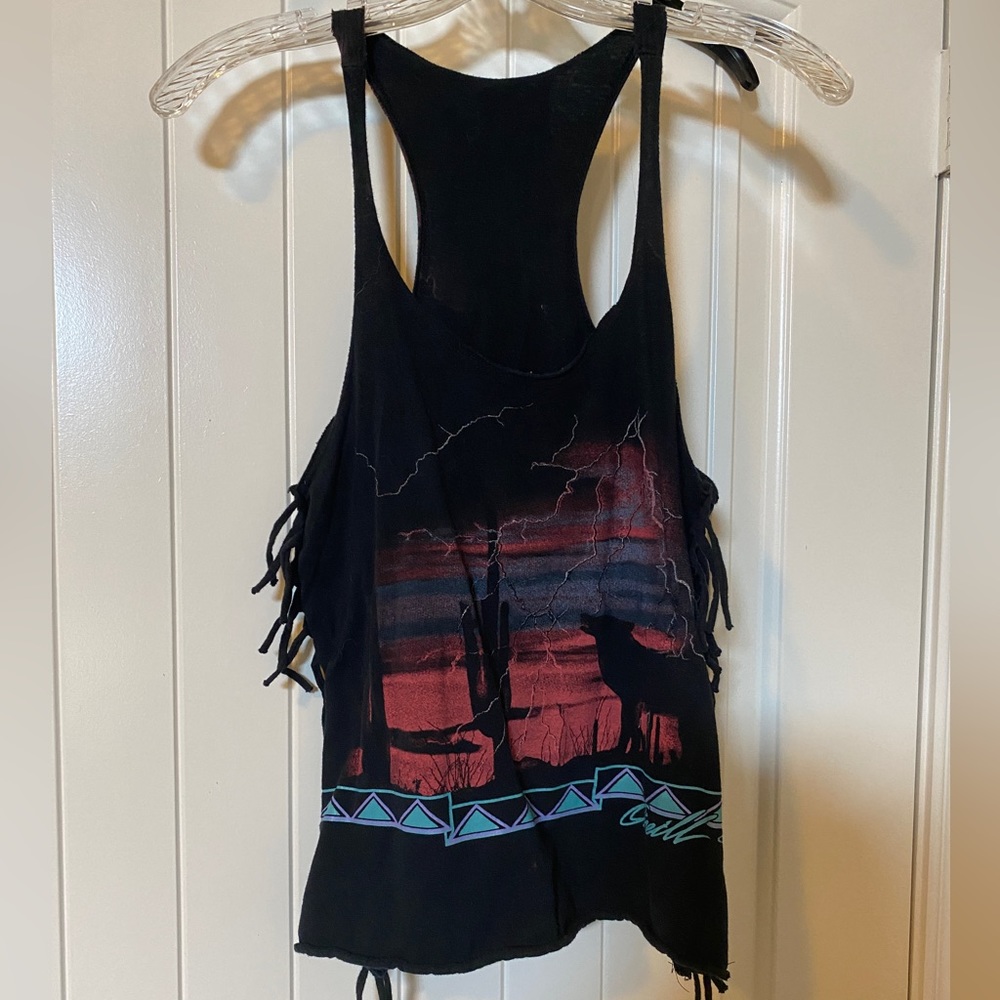 Black graphic tank with side tassels.